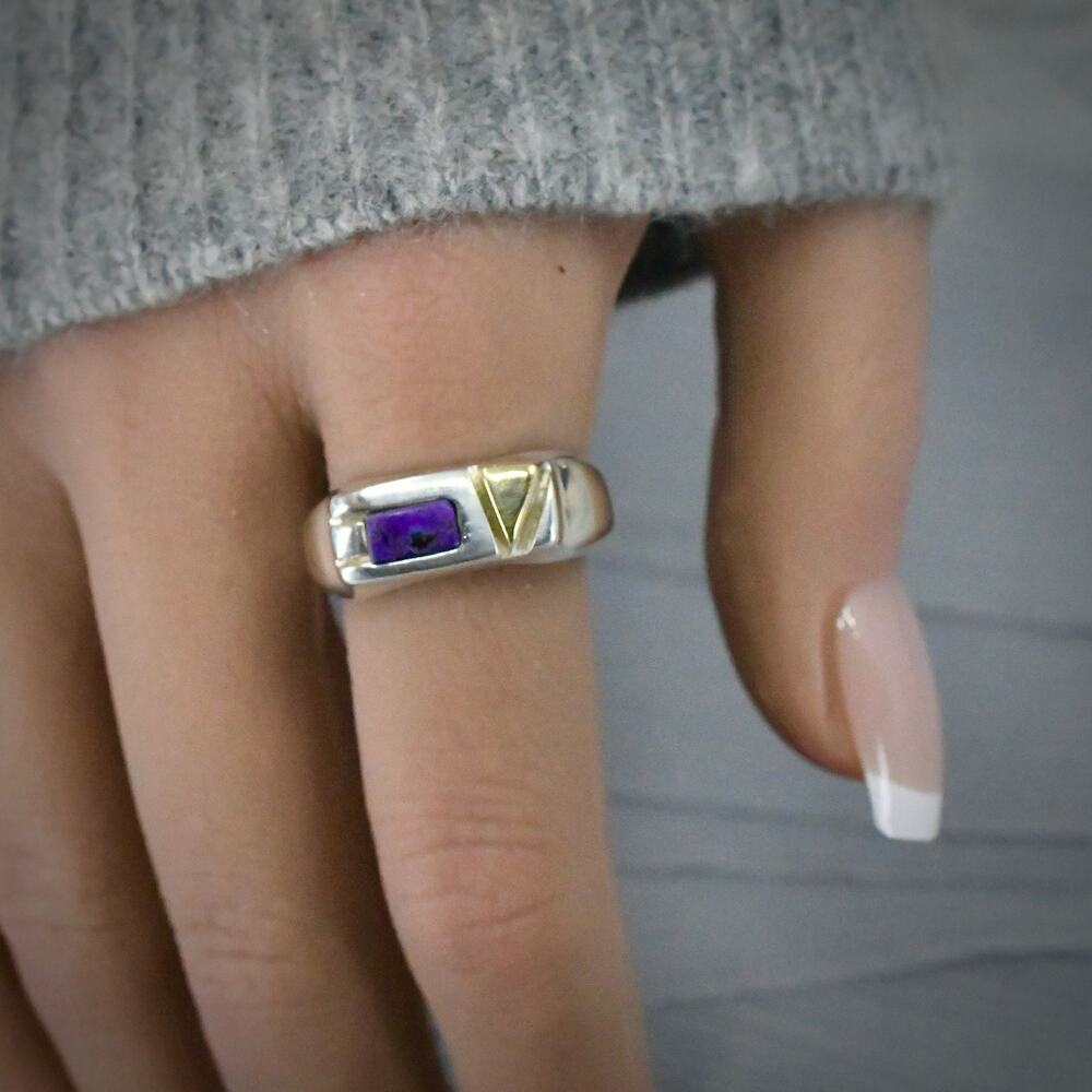 RJH Ron Henry Navajo Sugilite Ring Sterling Silver 14K Gold Band Geometric  7.5